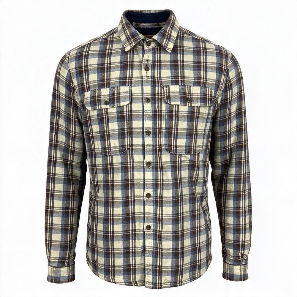 Boston Traders Mens Large Brown Blue Plaid Flannel Shacket Fleece Lined Thrashed